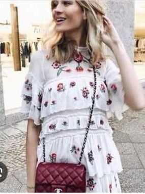 Zara Cream Tiered Ruffle Dress with Red & Green Floral Embroidery